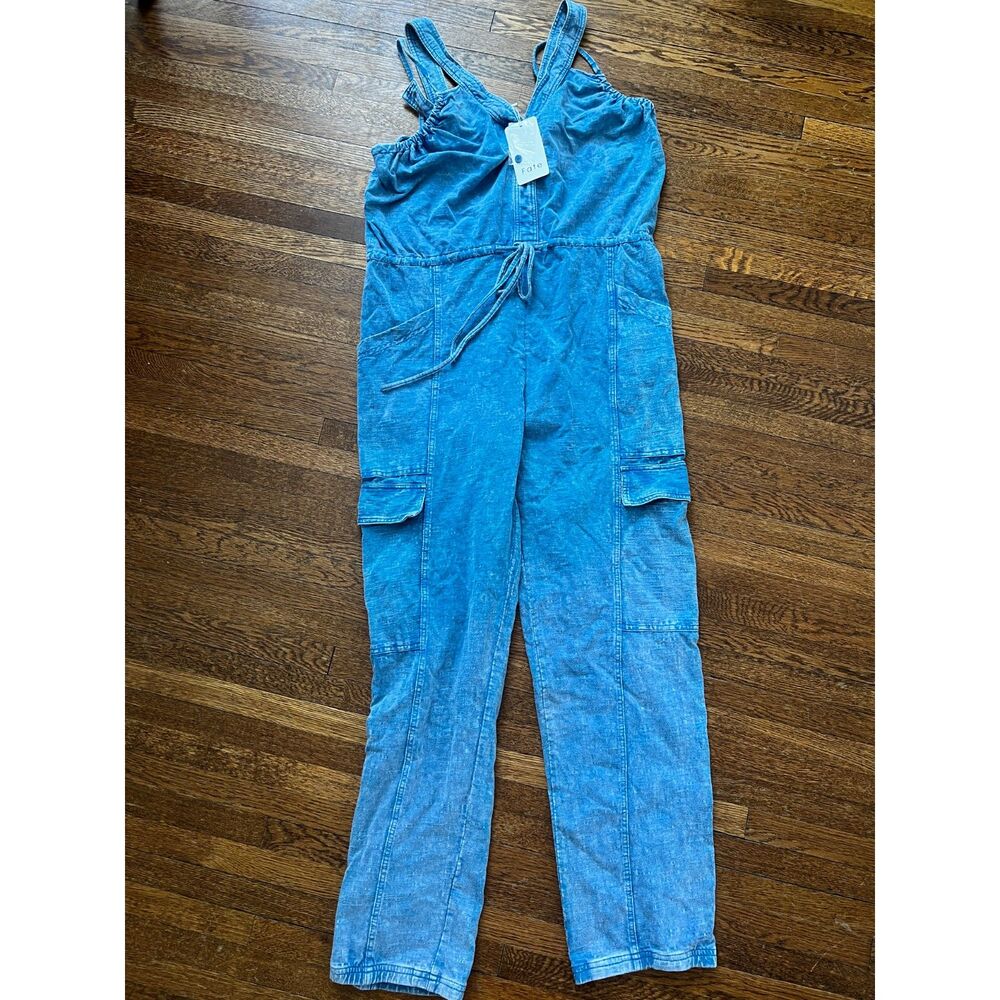FATE NWT 100% Cotton Denim Deep Pocket‎ Cargo Jumpsuit Sz L